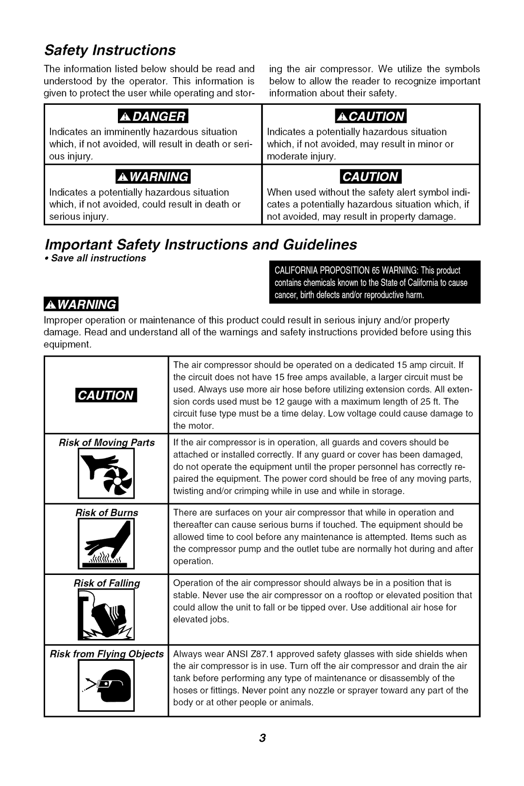 Sears 921.16471 Important Safety Instructions and Guidelines, Risk of Movinl Parts Risk of Burns, Risk of Falling 