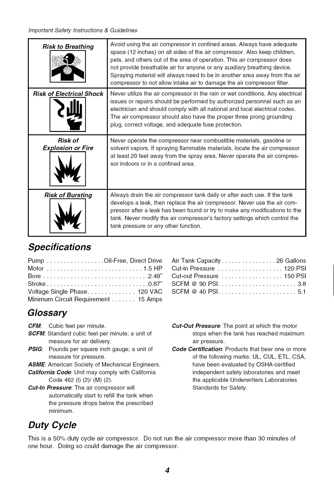 Sears 921.16471 owner manual Specifications, Glossary, Duty, Cycle, Risk to Breathing 