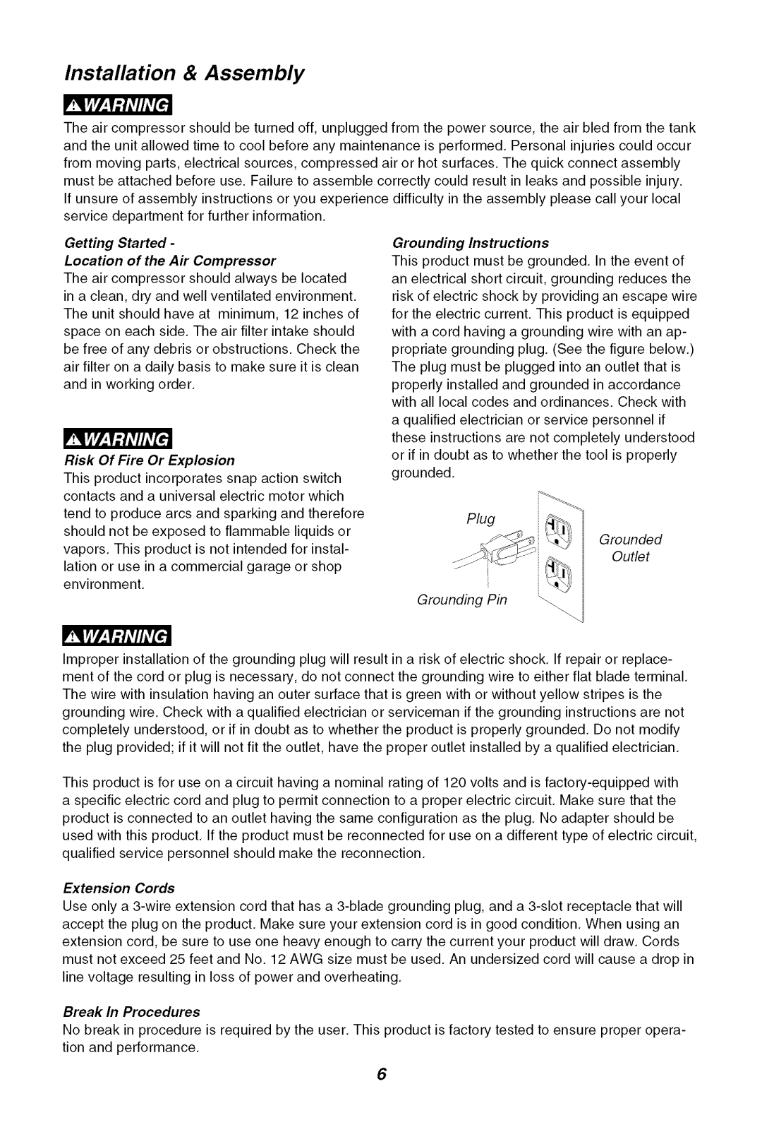 Sears 921.16471 owner manual Installation & Assembly, Getting Started, Break In Procedures 