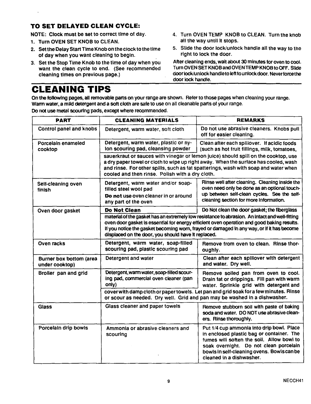 Sears 93331 warranty Cleaning Tips, Part Cleaning Materials Remarks 