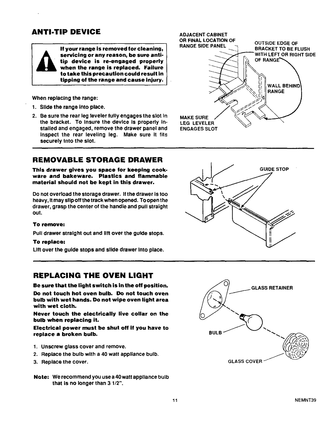 Sears 93331 warranty ANTI-TIP Device, Replacing the Oven Light, Guide Stop 