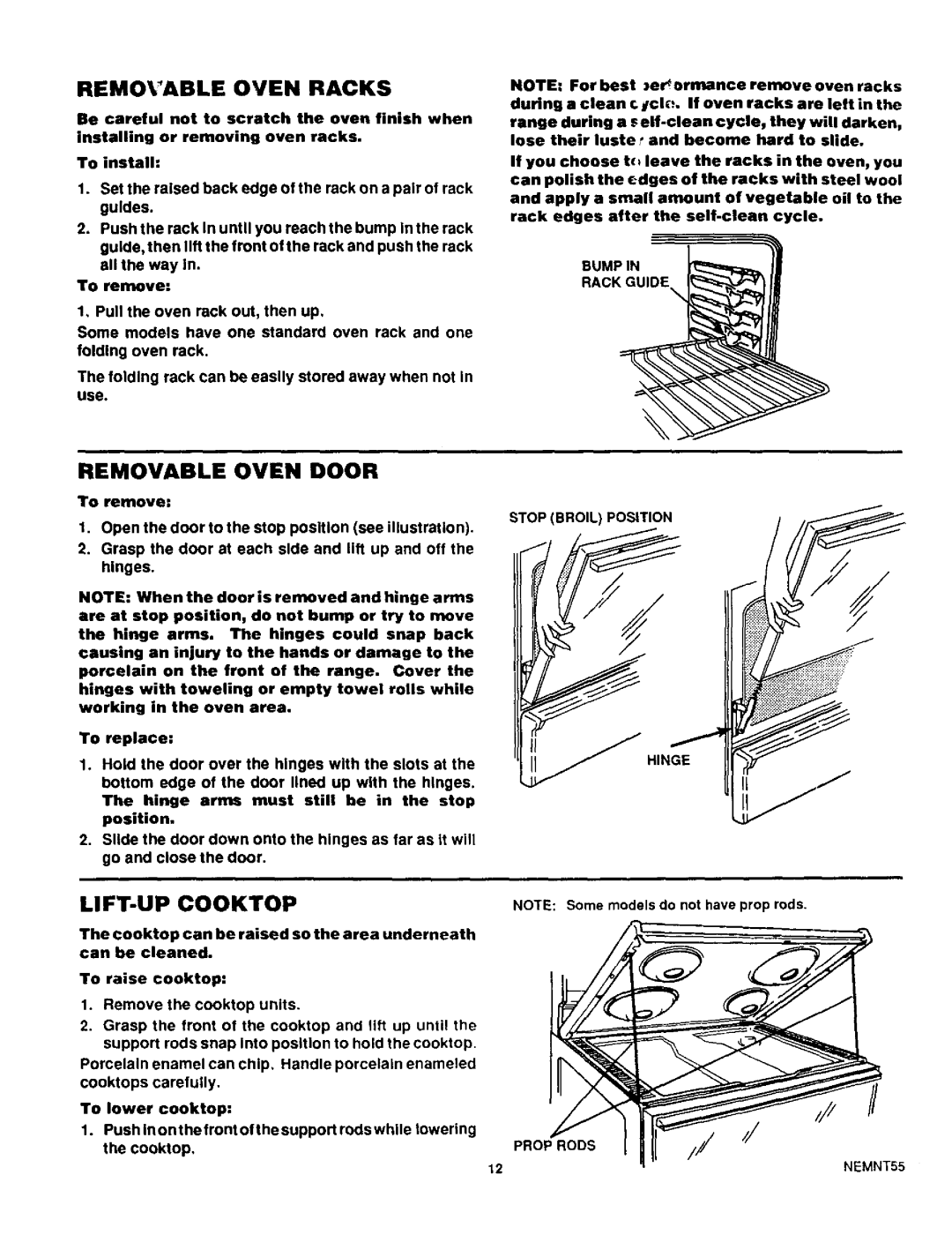 Sears 93331 warranty Removable Oven Racks, Removable Oven Door, LIFT-UP Cooktop, Hinge, NEMNT55 