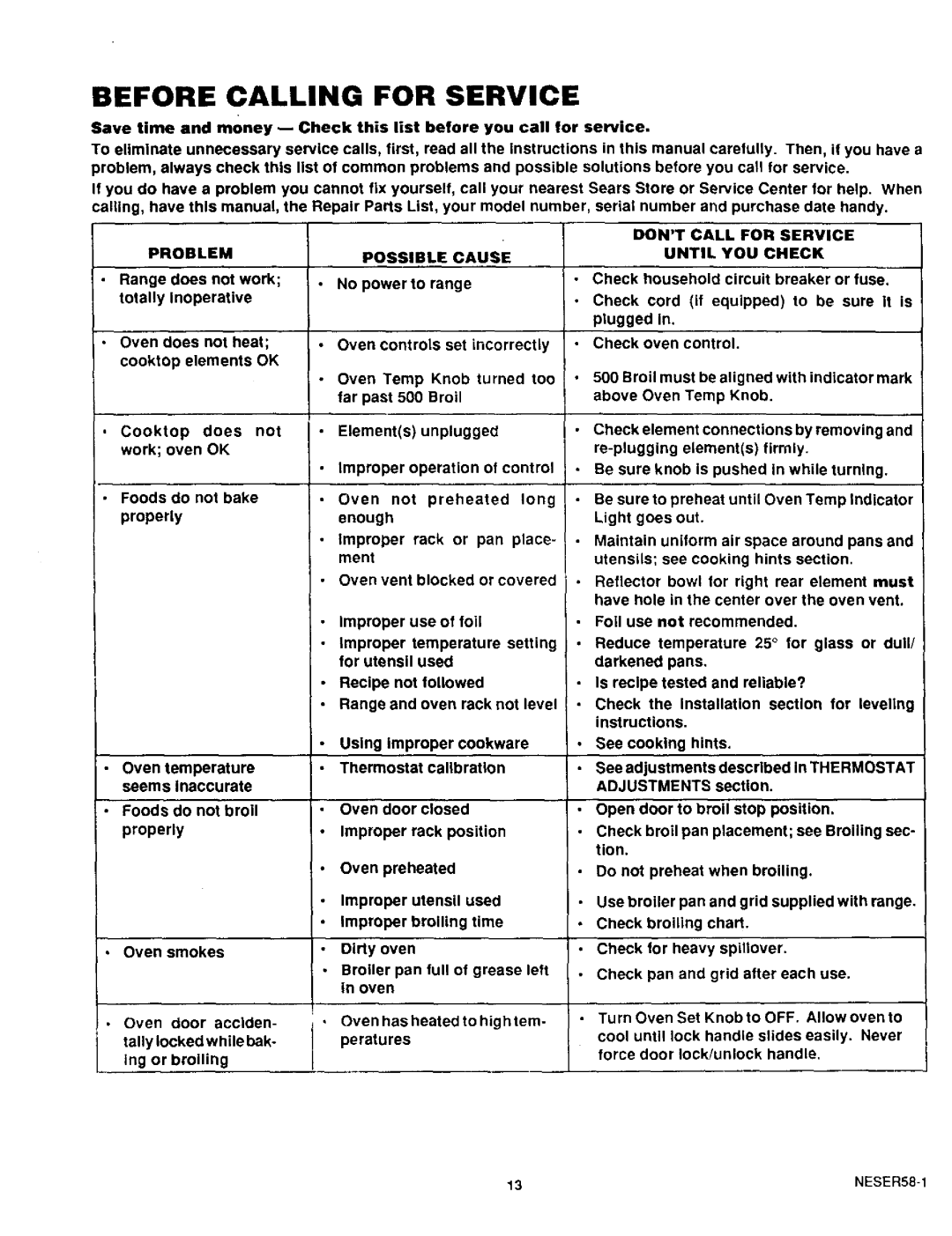 Sears 93331 warranty Before Calling for Service, Adjustments 