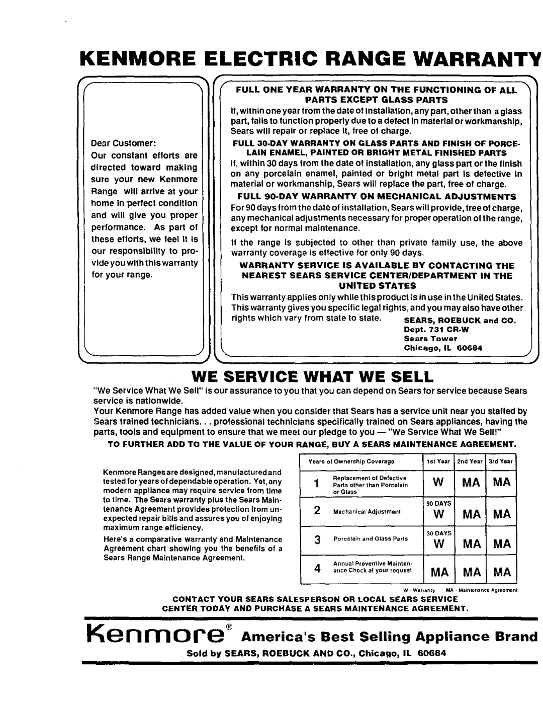 Sears 93331 warranty Kenmore Electric Range Warranty 