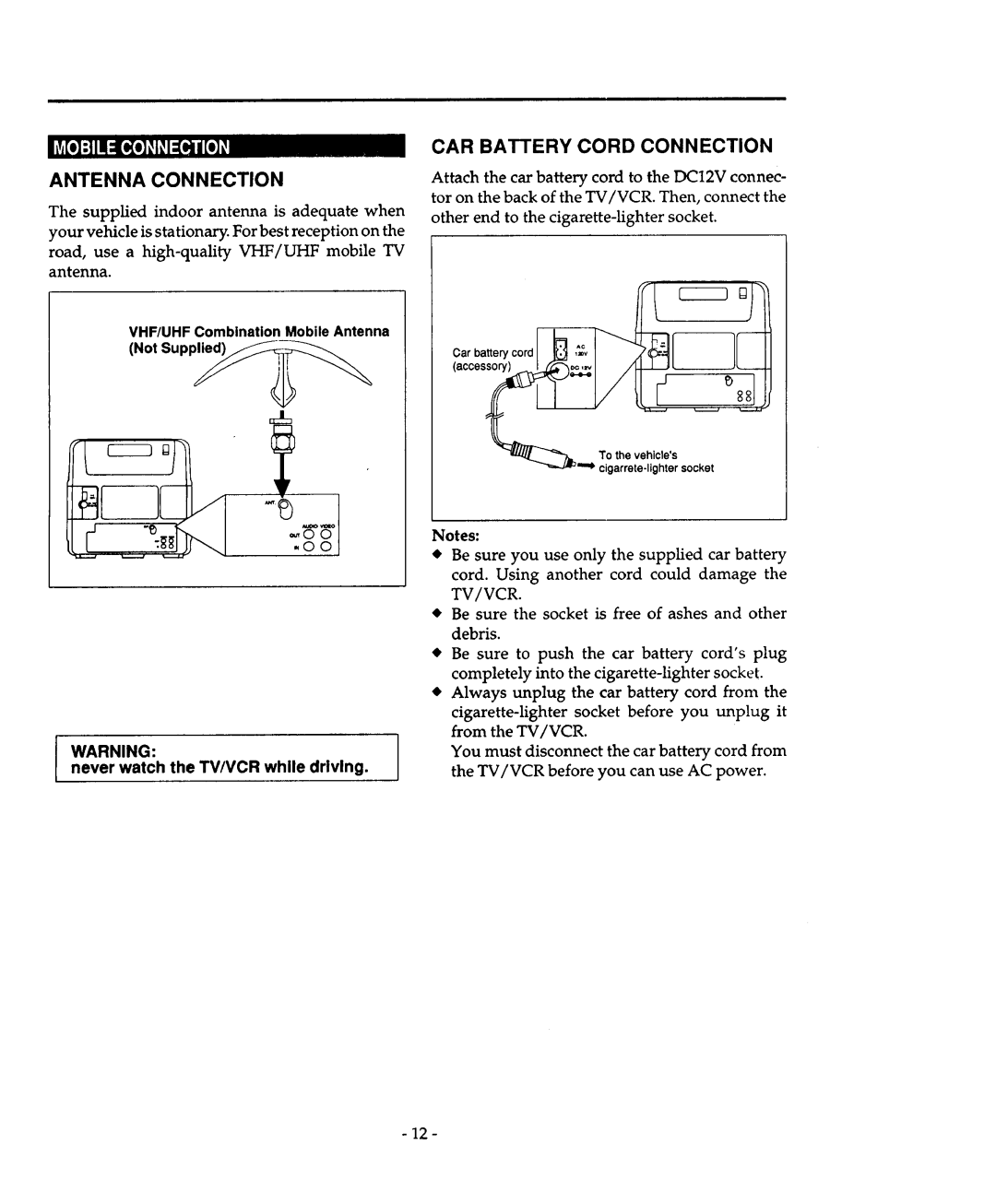 Sears 934.4482639 owner manual CAR Battery Cord Connection, NeverARNINGwatch the TV/VCR while driving, Tv/Vcr 