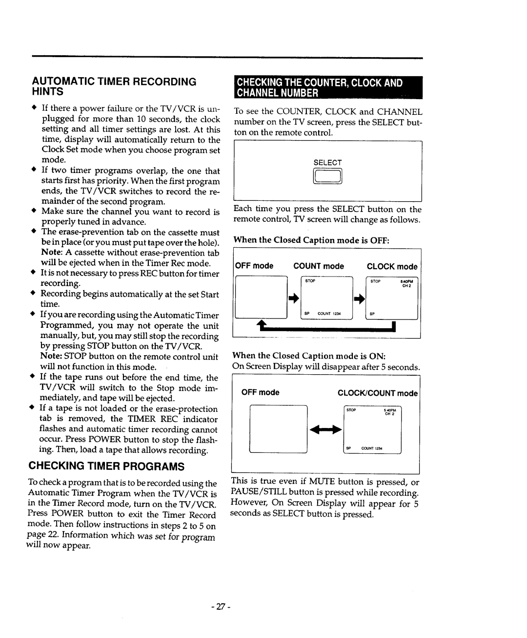 Sears 934.4482639 owner manual Automatic Timer Recording Hints, Checking Timer Programs, OFF mode Count mode Clock mode 