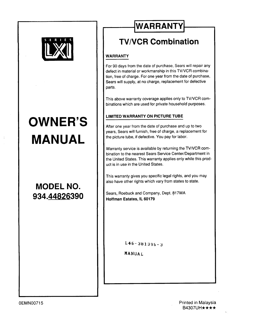 Sears 934.4482639 owner manual TWARRANTYI TV/VCR Combination 