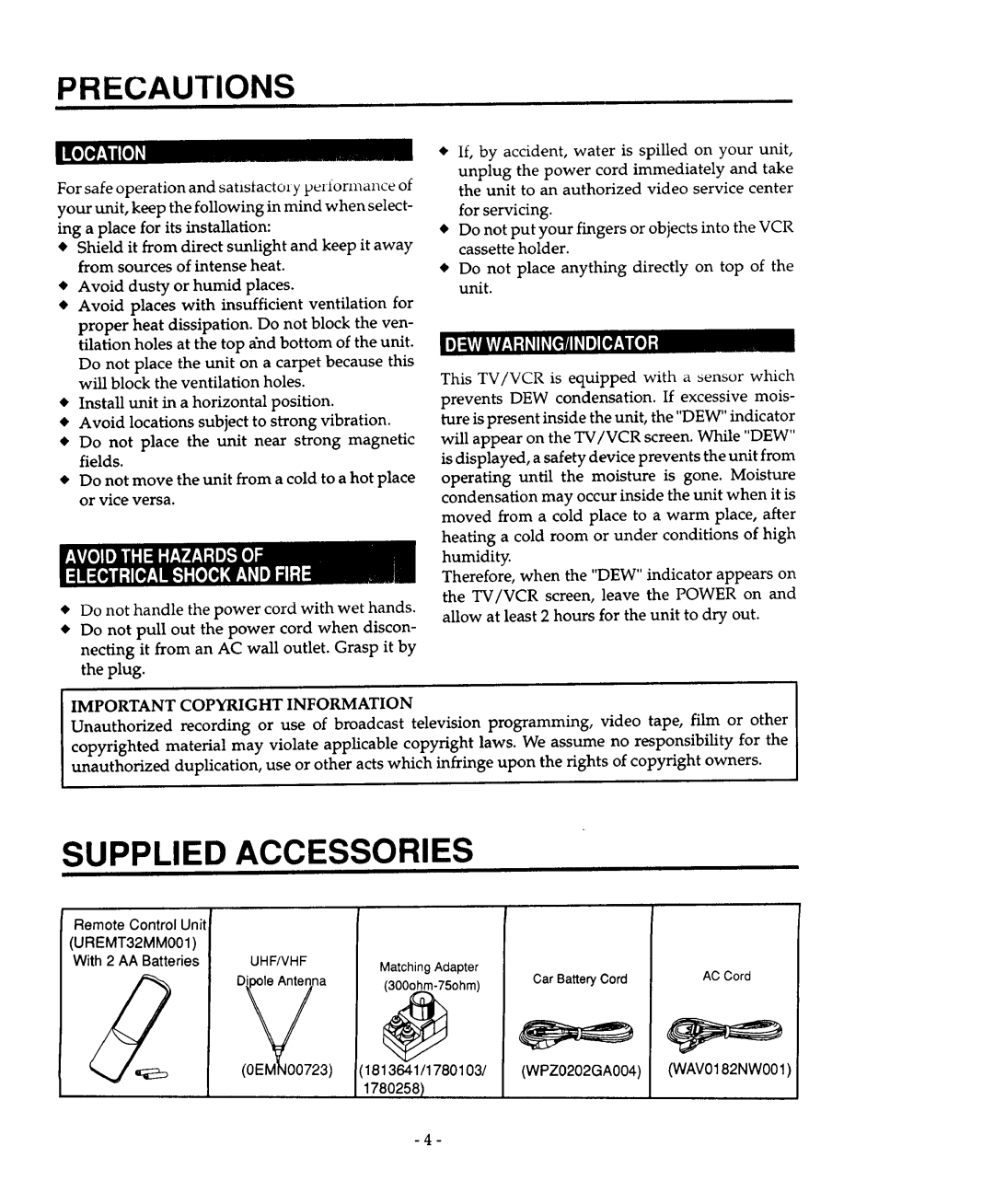 Sears 934.4482639 owner manual Supplied Accessories, Important Copyright Information 