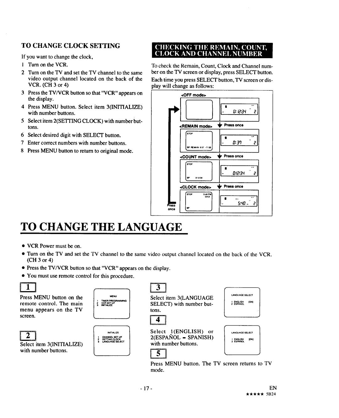 Sears 934.5512559 owner manual To Change the Language, To Change Clock Setting 