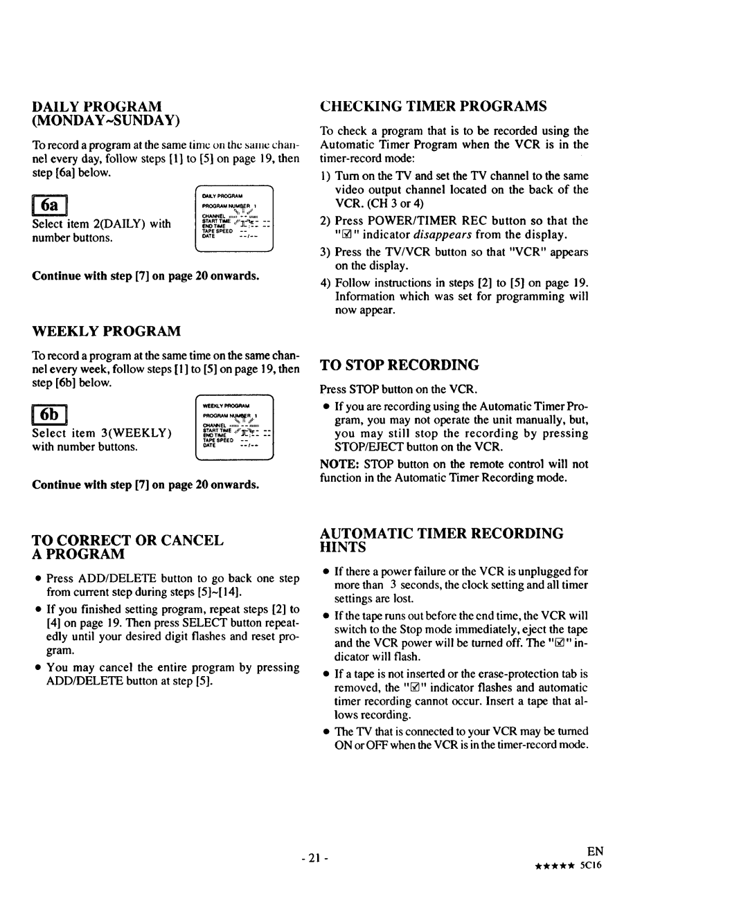 Sears 934.5512559 owner manual Checking Timer Programs, To Correct or Cancel Program, Automatic Timer Recording Hints 