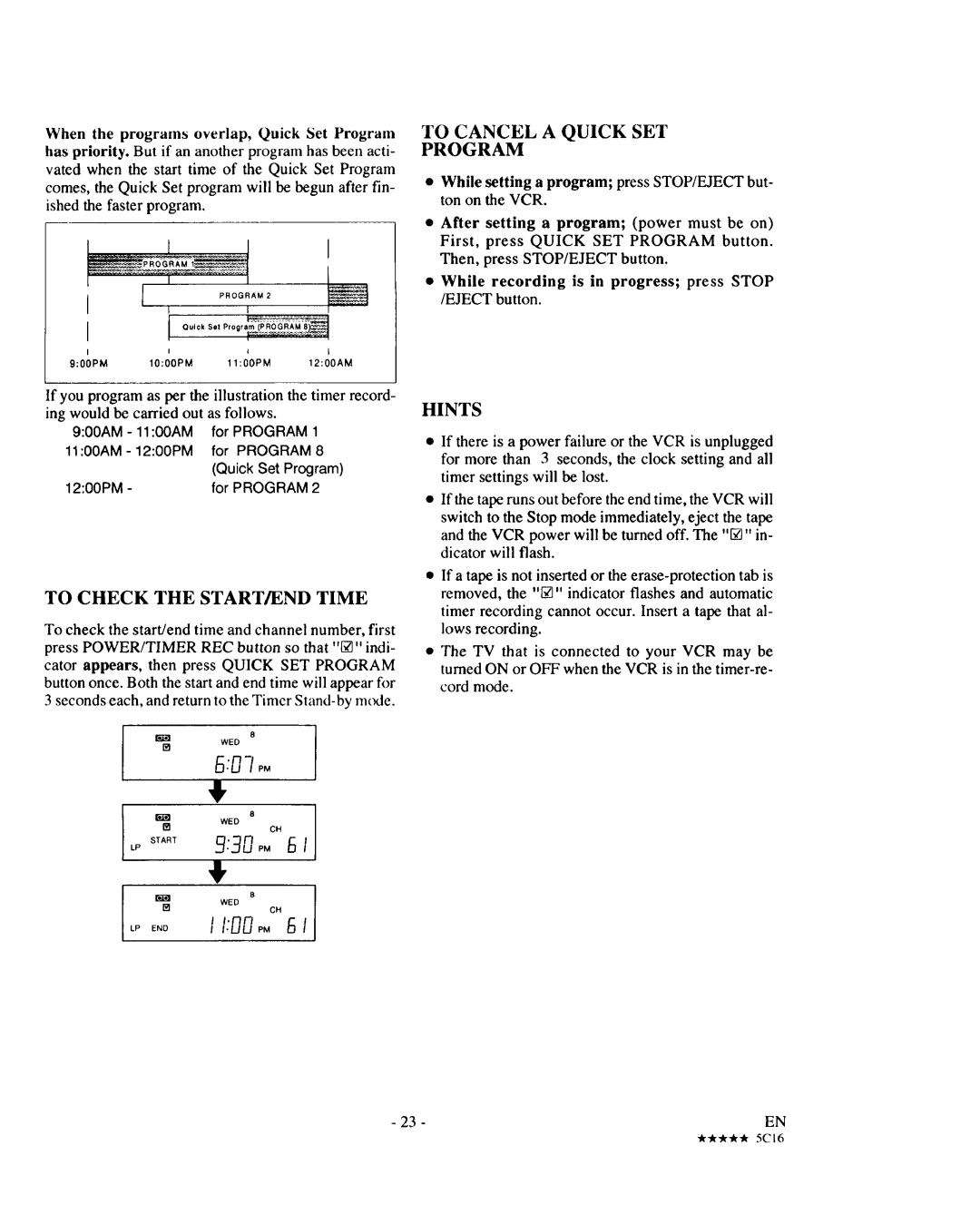 Sears 934.5512559 owner manual To Check the START/END Time, To Cancel a Quick SET Program, Hints, Oui, s., P,oQ,,pR0a,AM8 