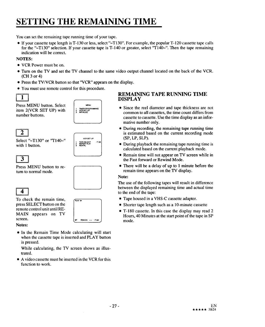 Sears 934.5512559 owner manual FT1, Setting the Remaining Time 