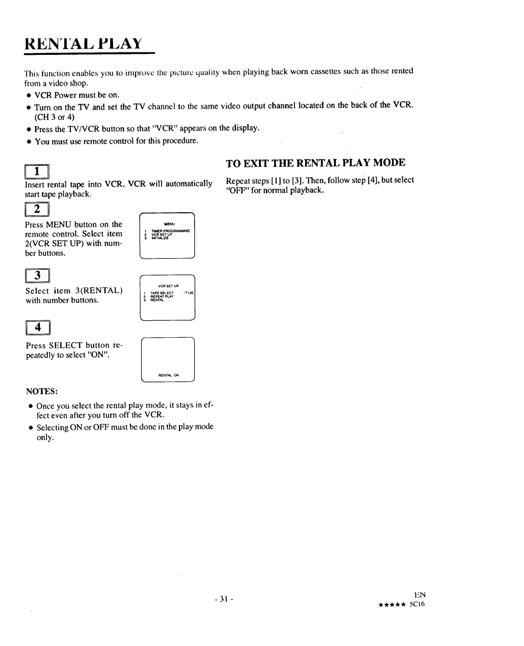 Sears 934.5512559 owner manual Renial Play, To Exit the Rental Play Mode 