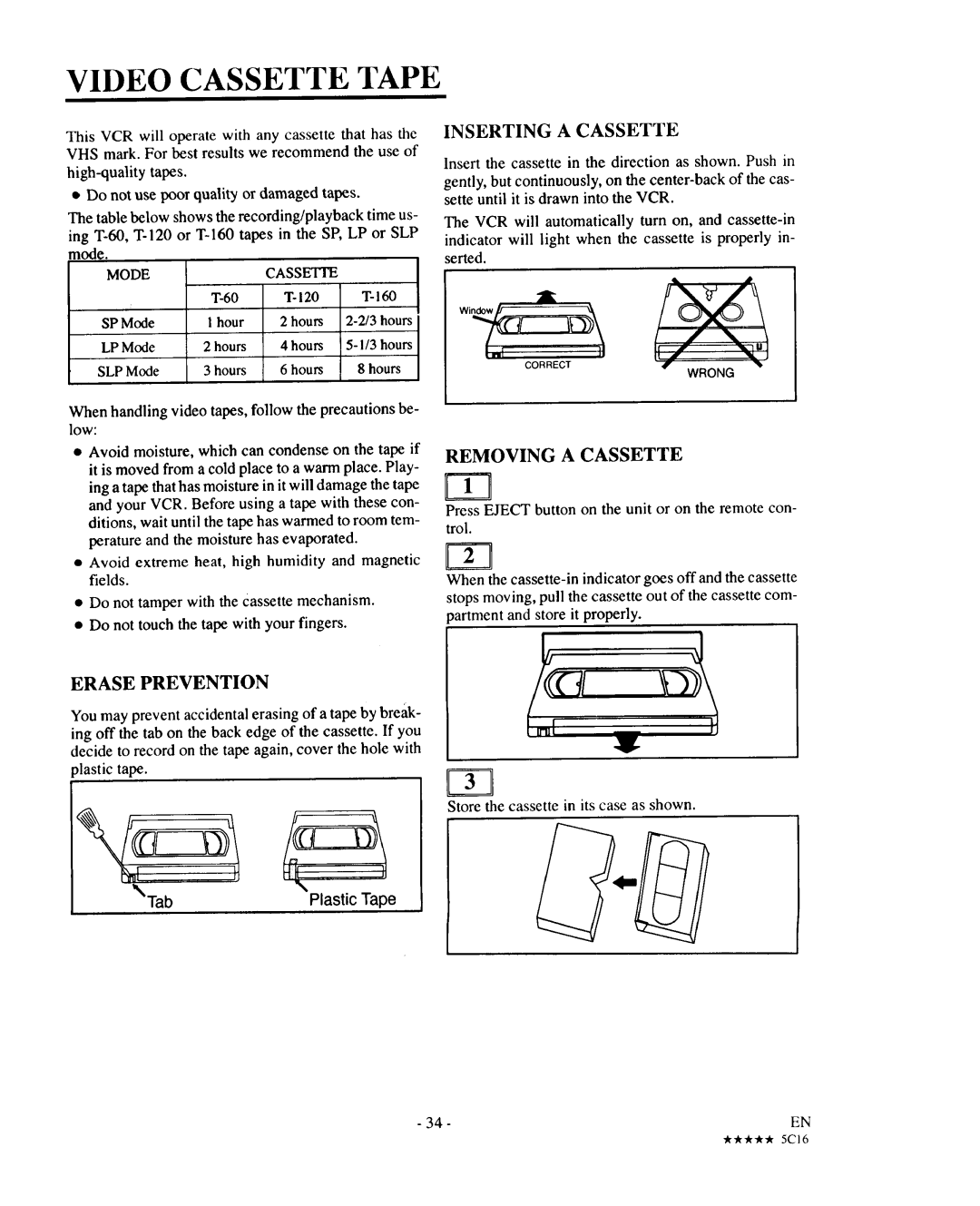 Sears 934.5512559 owner manual Video Cassette Tape, Erase Prevention 