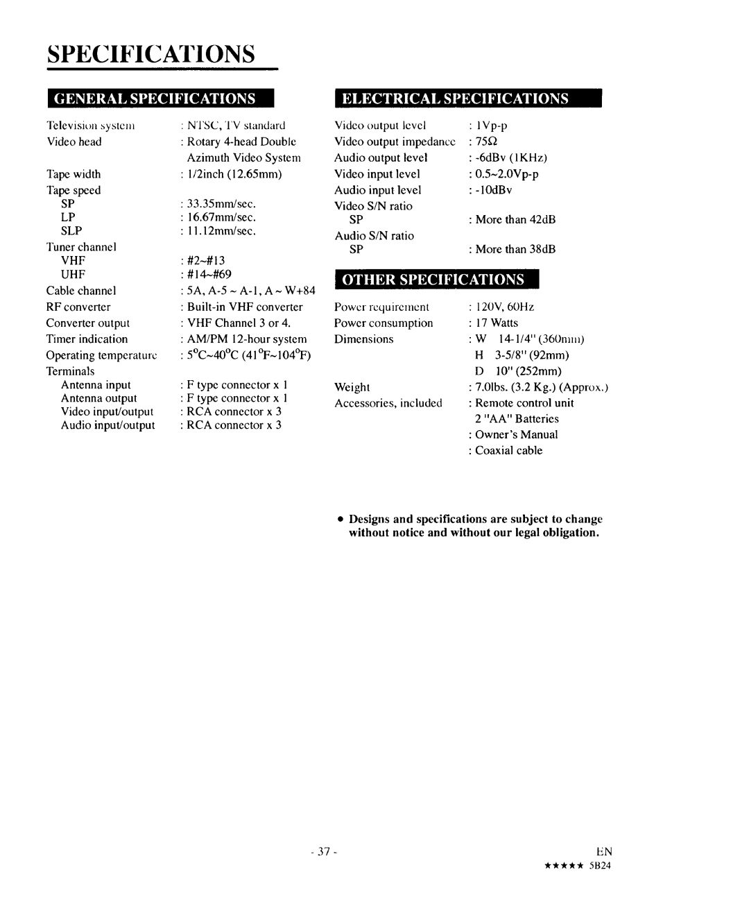 Sears 934.5512559 owner manual Specifications, Impedance Audio output 