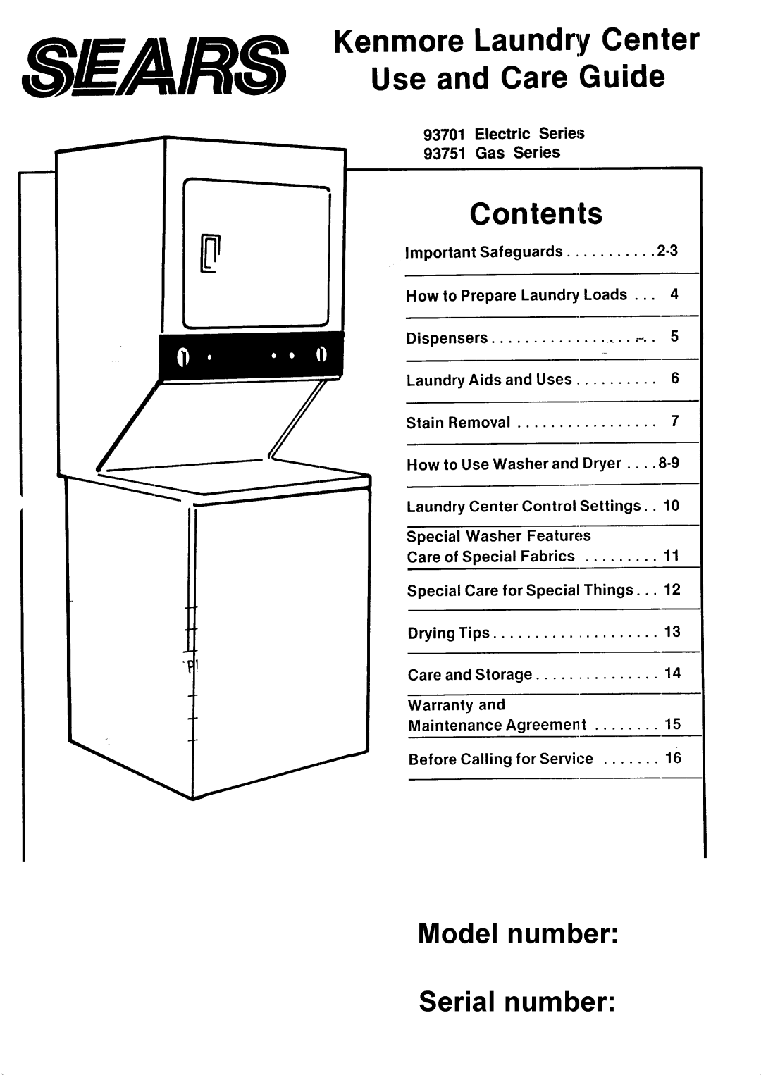 Sears 93751, 93701 warranty SEA/RS Kenmore Laundry Center Use and Care Guide, Contents 