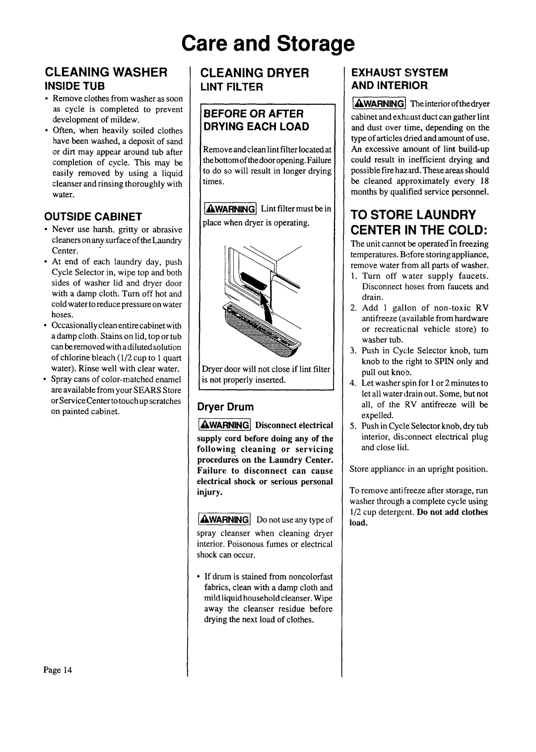 Sears 93701, 93751 warranty Cleaning Washer, Cleaning Dryer 