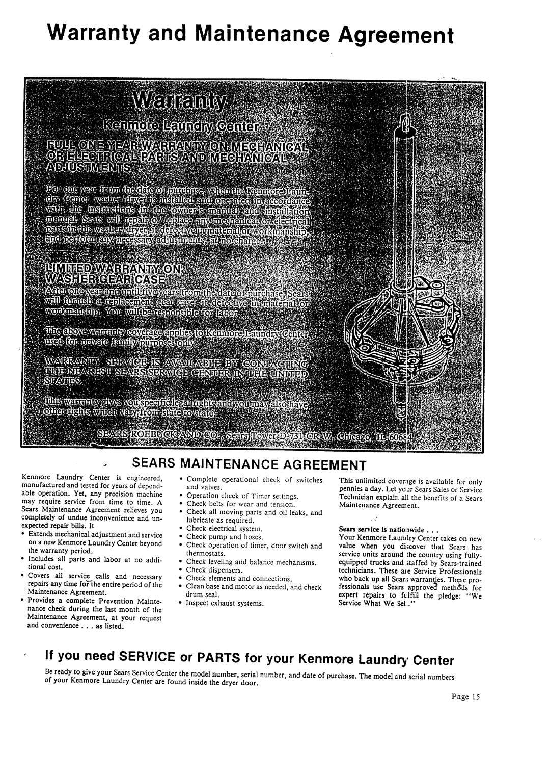 Sears 93751, 93701 warranty Warranty and Maintenance Agreement, Sears 