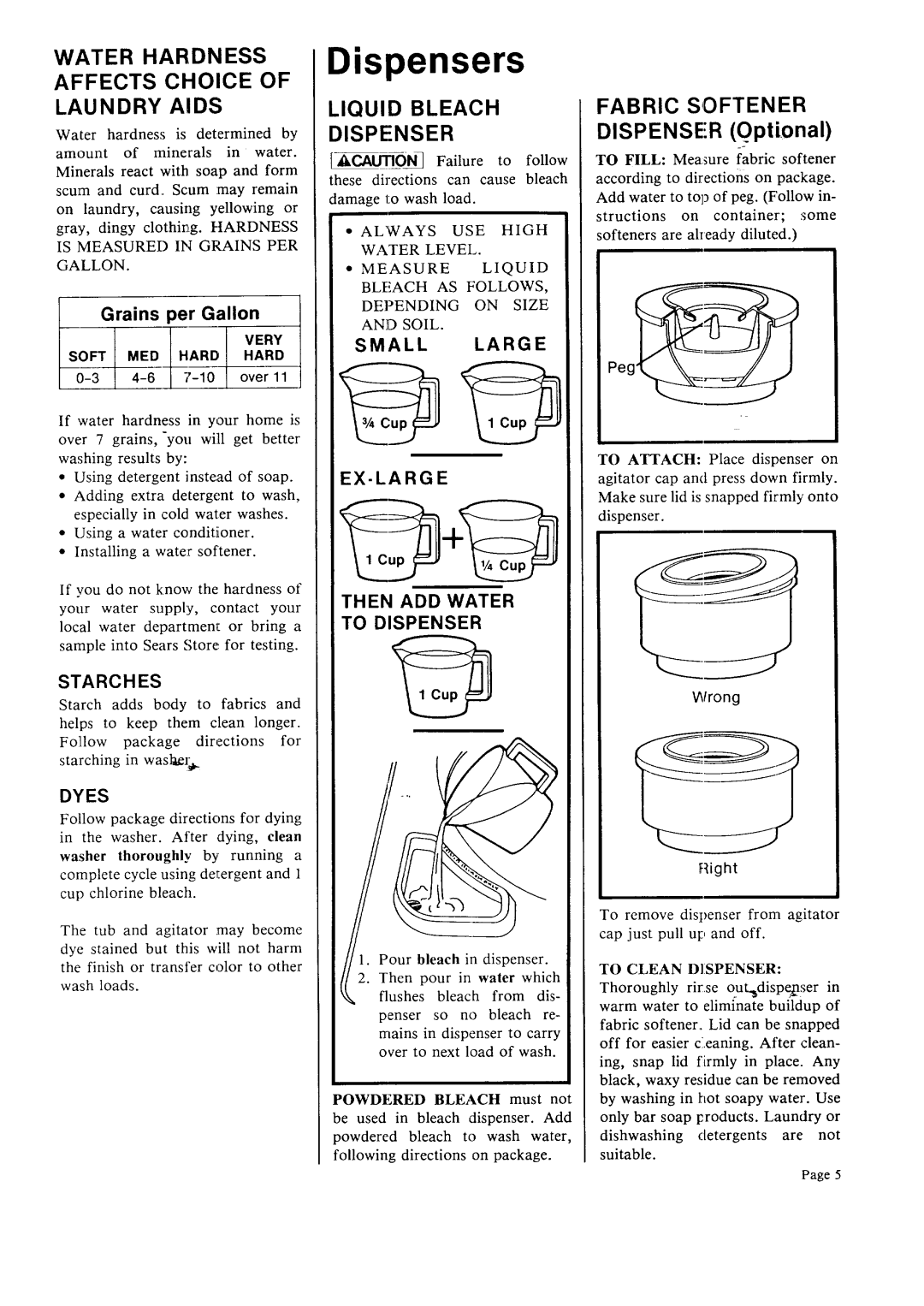 Sears 93751, 93701 warranty Dispensers, Water Hardness Affects Choice of Laundry Aids, Liquid Bleach Dispenser 