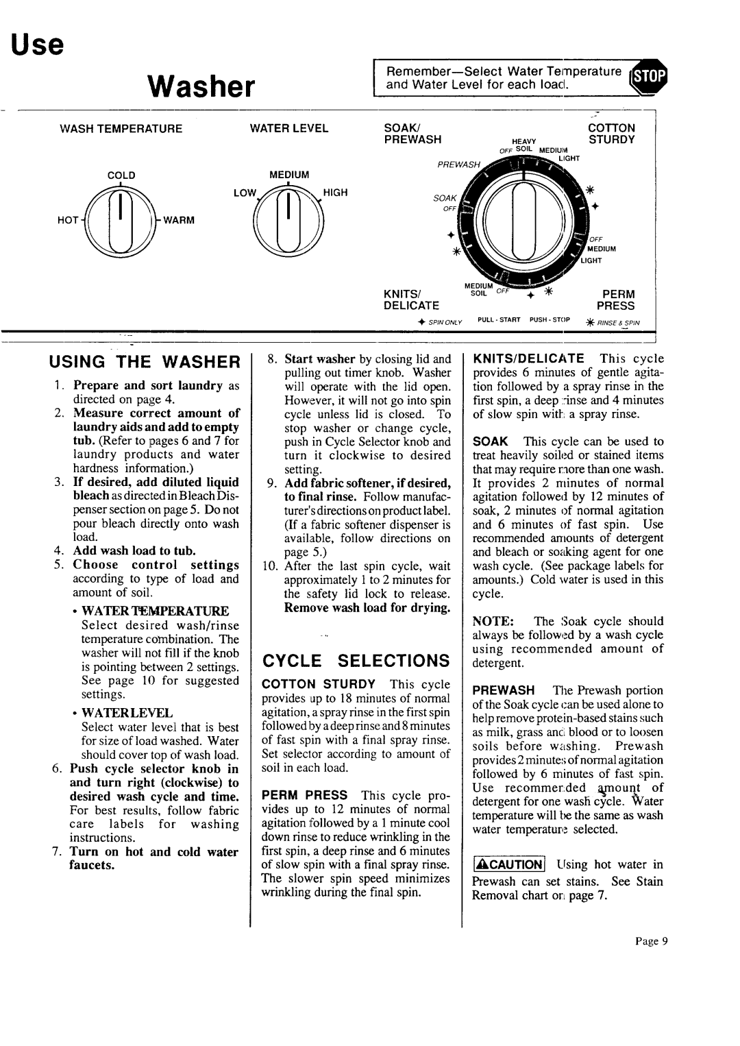 Sears 93751, 93701 warranty Washer, Cycle Selections, Water Level, Heavy, Water Temperature 