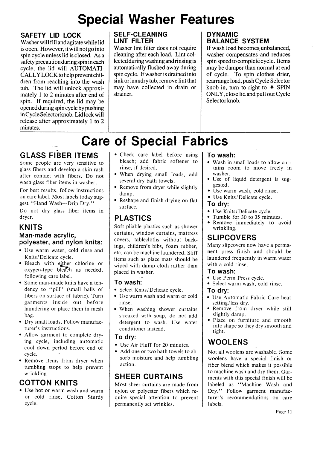 Sears 93751 Special Washer Features, Care, of Special Fabrics, Glass Fiber Items, Knits, Plastics, Slipcovers, Woolens 