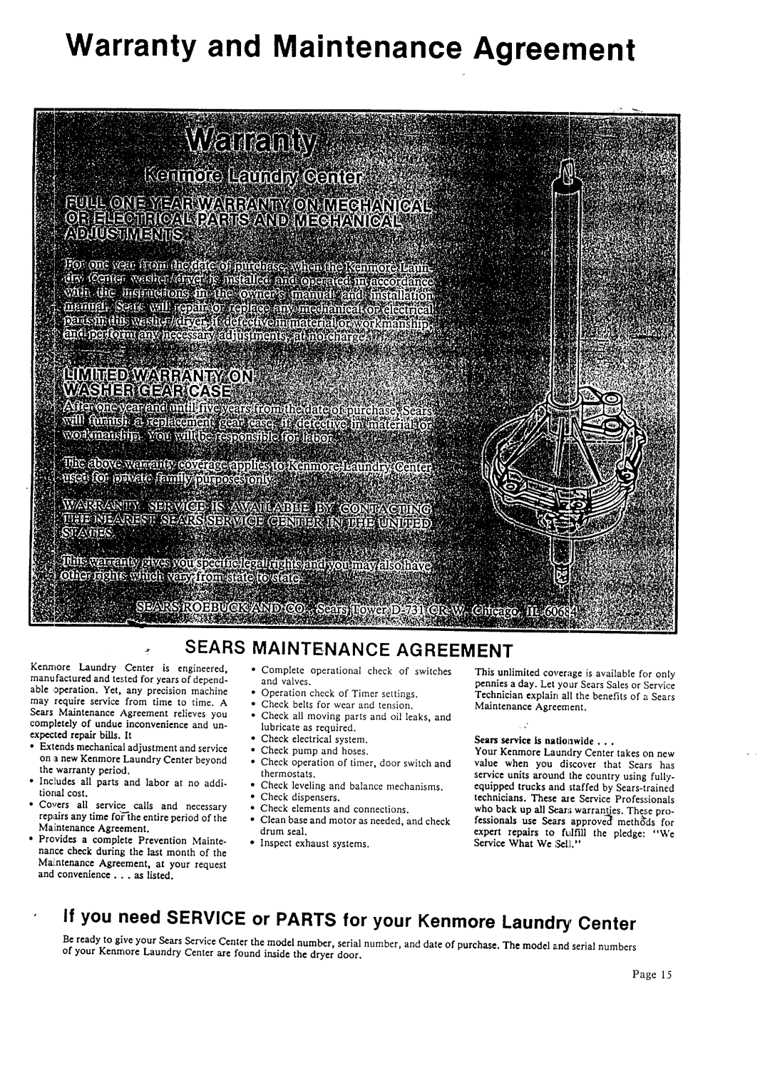 Sears 93751 Warranty and Maintenance Agreement, Sears, If you need SERVICE or PARTS for your Kenmore Laundry, Center 
