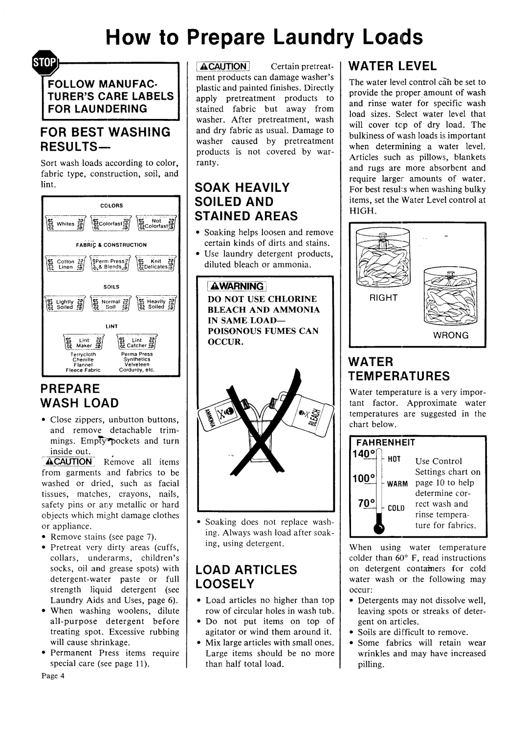 Sears 93701 How to Prepare Laundry Loads, For Best Washing Results, Water Level, Soak, Heavily, Soiled, Stained, Areas 