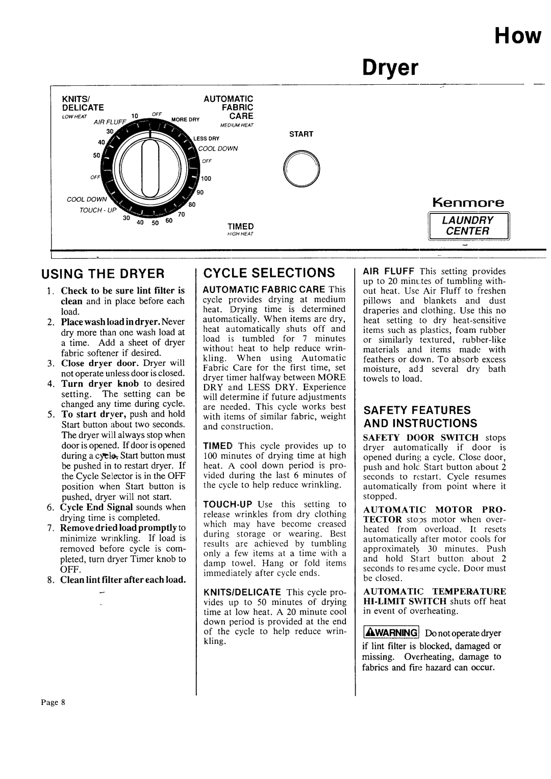 Sears 93701 Using The Dryer, Cycle Selections, 14enmore, Safety Features And Instructions, Knits, Automatic, Delicate 