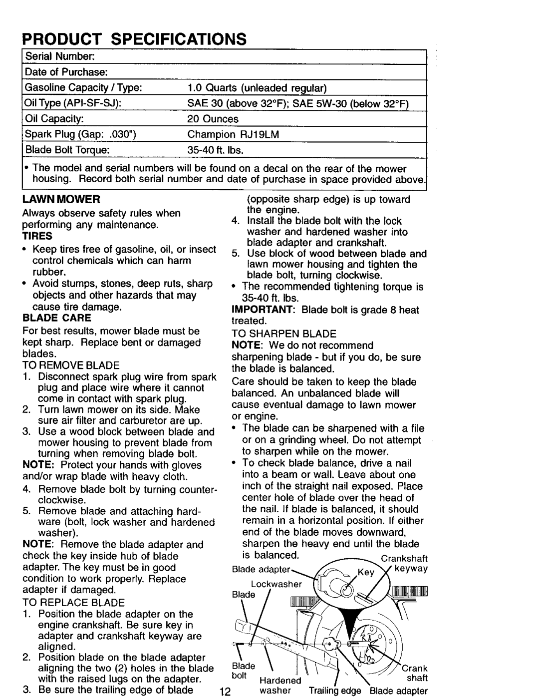 Sears 944.36201 owner manual Lawn Mower, Sae, RJ19LM, Tires, Blade Care 