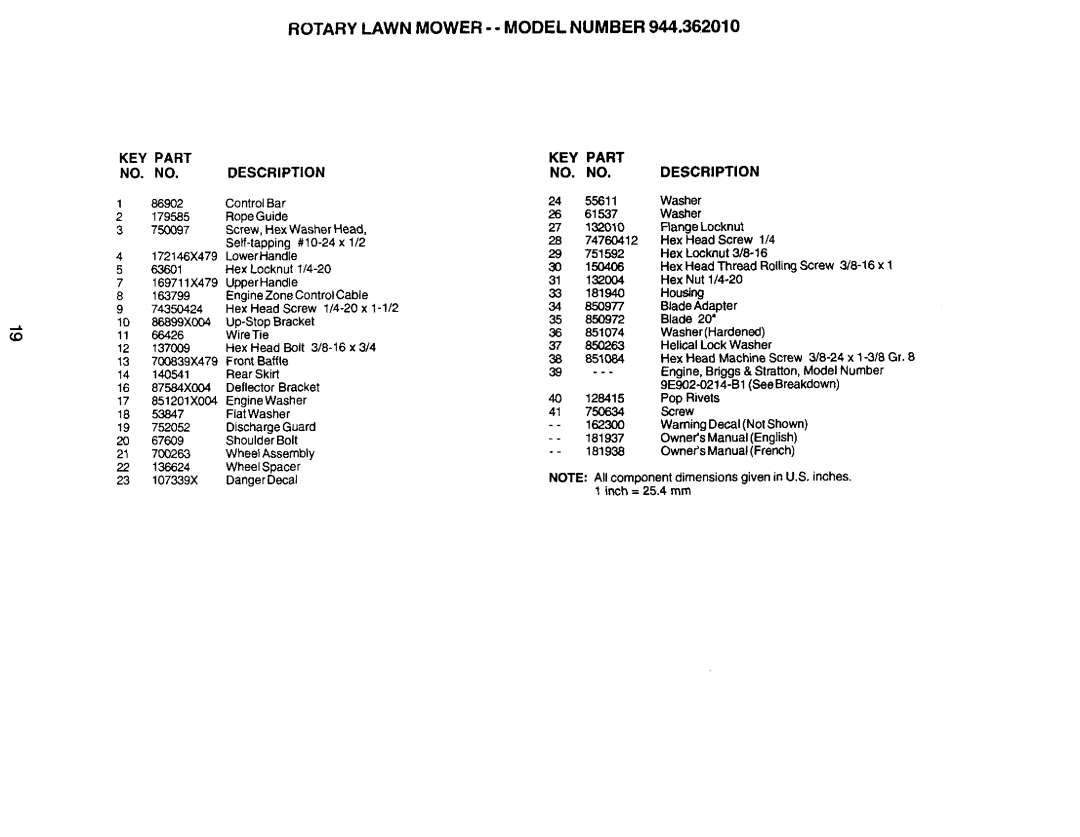 Sears 944.36201 owner manual Rotary Lawn Mower - Model Number, KEY Part NO. NO. Description 