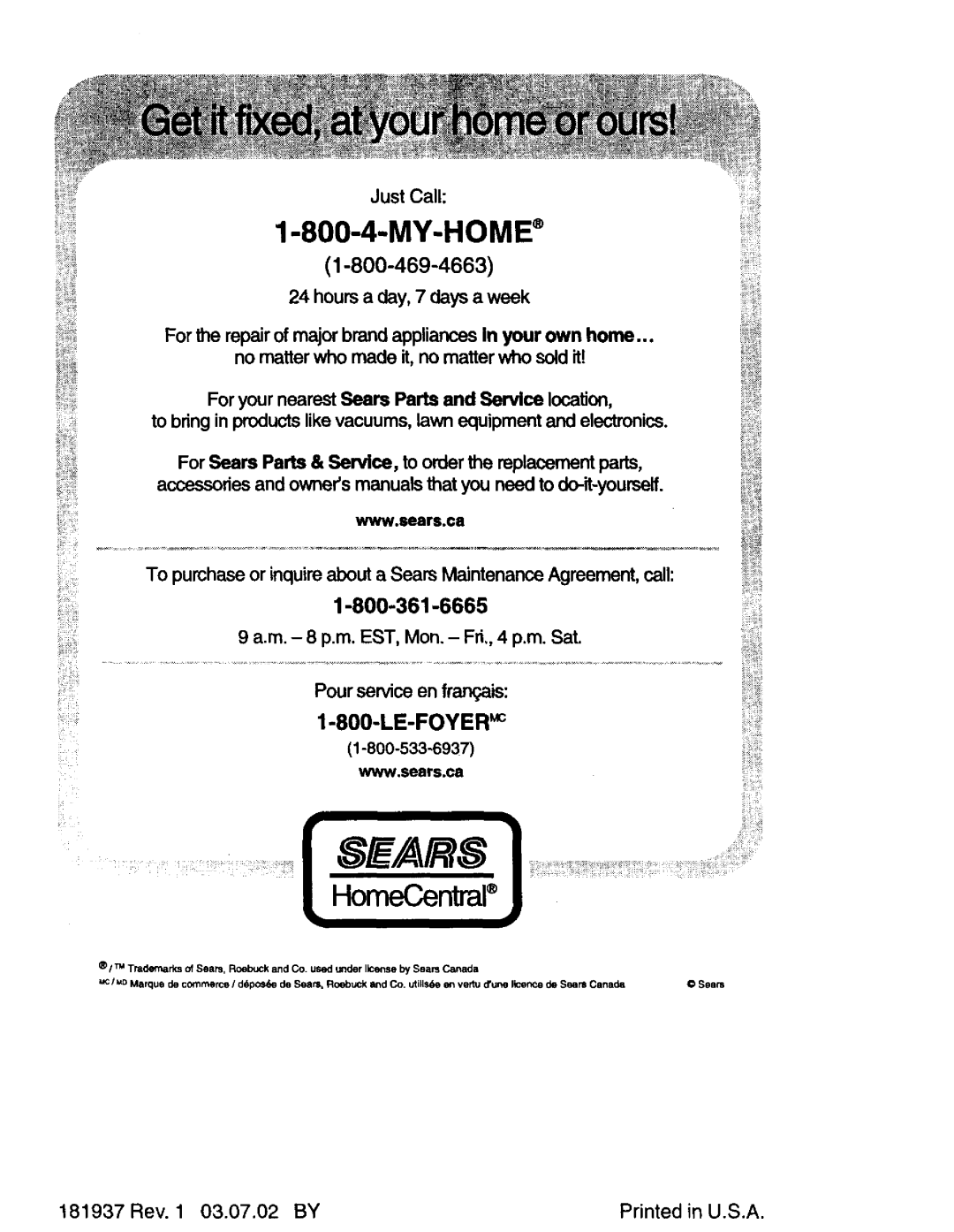 Sears 944.36201 owner manual My-Home 