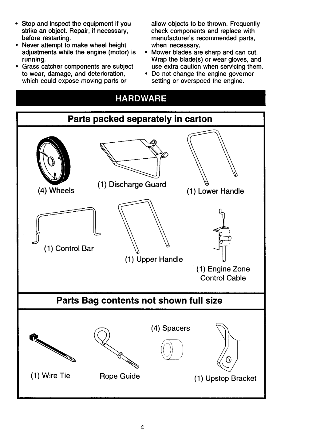 Sears 944.36201 owner manual Parts packed separately in carton 