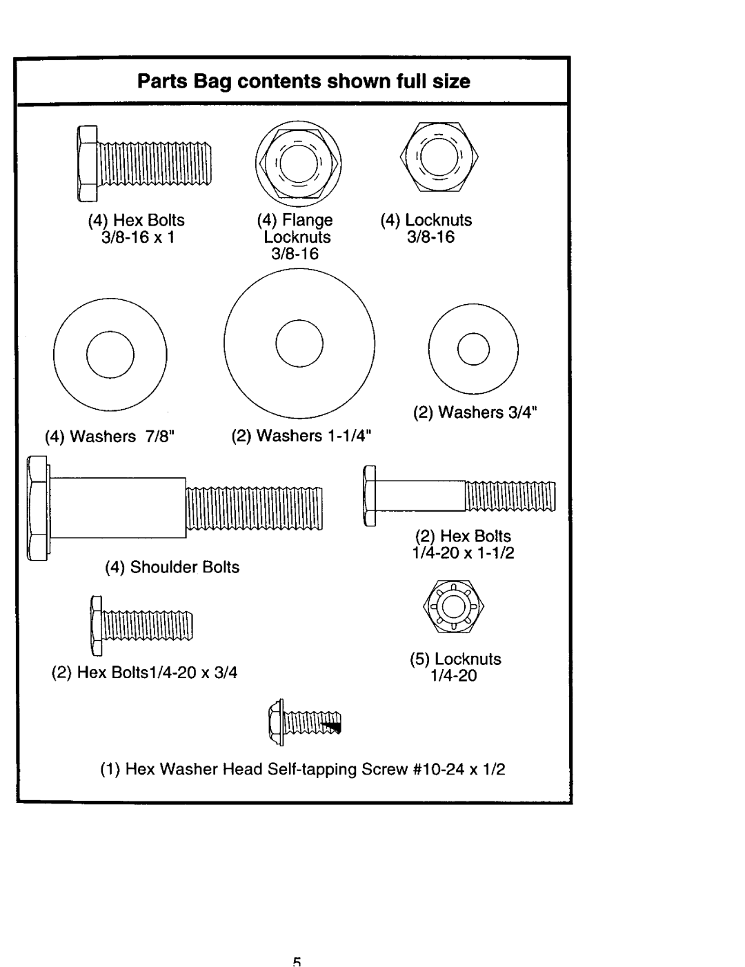 Sears 944.36201 owner manual Parts Bag contents shown full size 