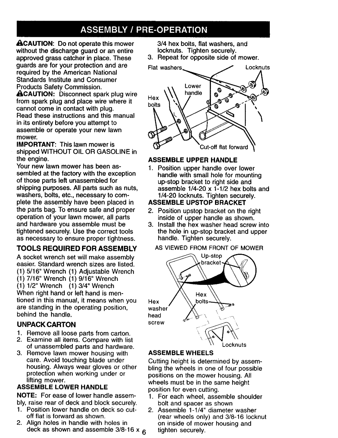 Sears 944.36201 Unpackcarton, Assemble Lower Handle, Assemble Upper Handle, Assemble Upstop Bracket, Assemble Wheels 