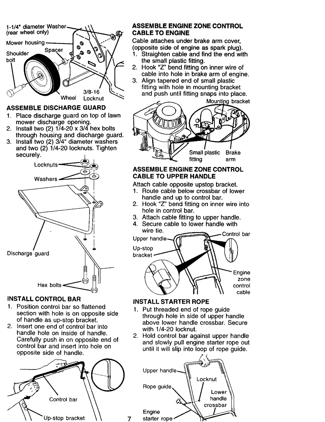 Sears 944.36201 owner manual Assemble Discharge Guard, Assemble Engine Zone Control Cable to Engine, Install Control BAR 