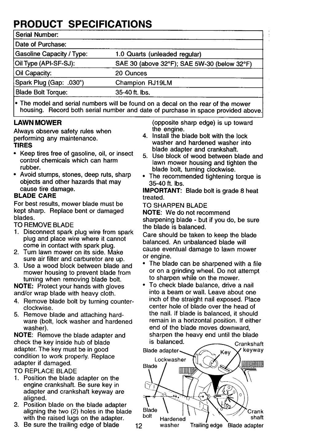 Sears 944.36201 owner manual Product Specifications, Lawn Mower 