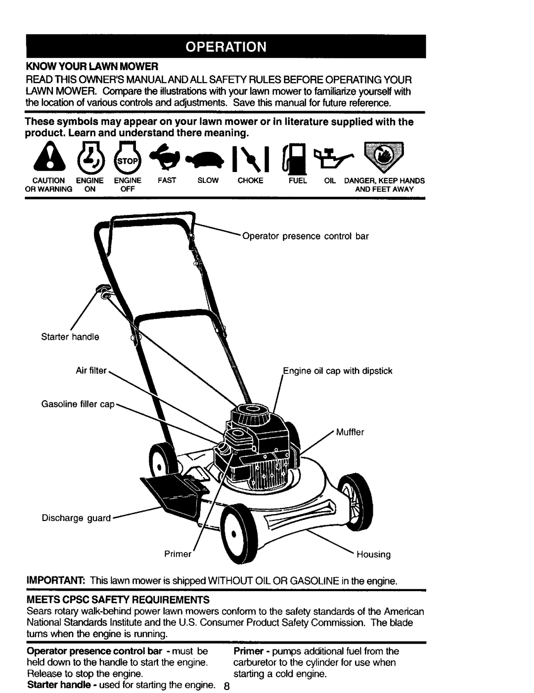 Sears 944.36201 Know Your Lawn Mower, product. Learn and understand there meaning, Meets Cpsc Safety Requirements 