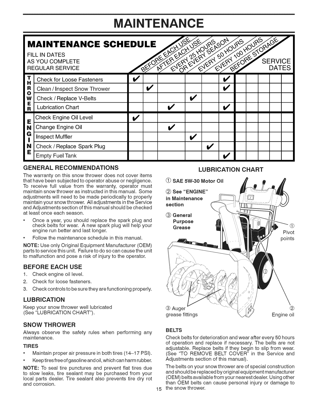 Sears 944.528117 owner manual General Recommendations, Before Each USE, Snow Thrower, Tires 