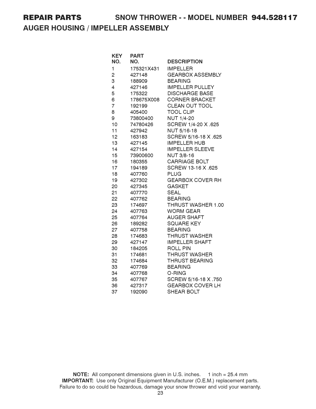 Sears 944.528117 owner manual DESCRiPTiON 