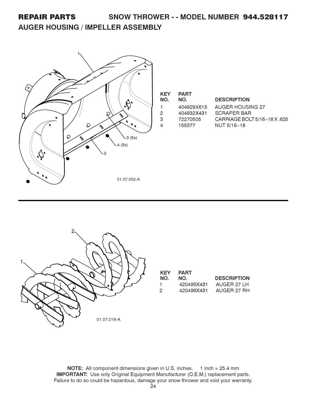 Sears 944.528117 owner manual Auger Housing, Scraper BAR, Carriage, KEY Part Description 