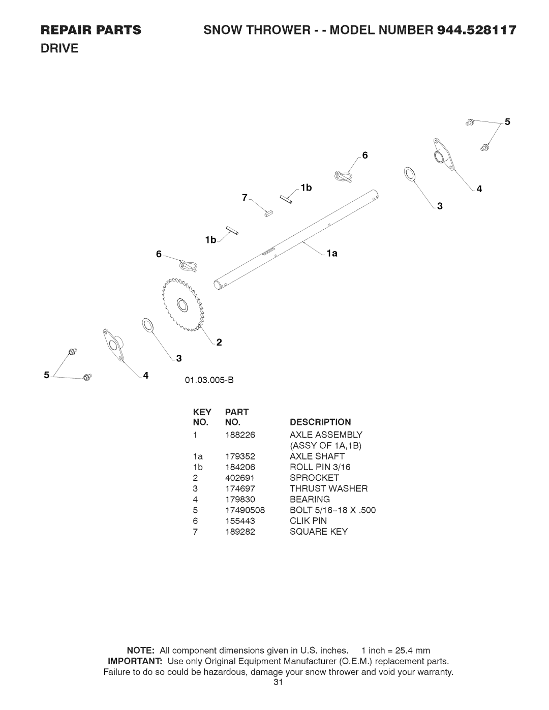 Sears 944.528117 owner manual Axle Assembly, Assy of IA,1B, Axle Shaft, Sprocket 