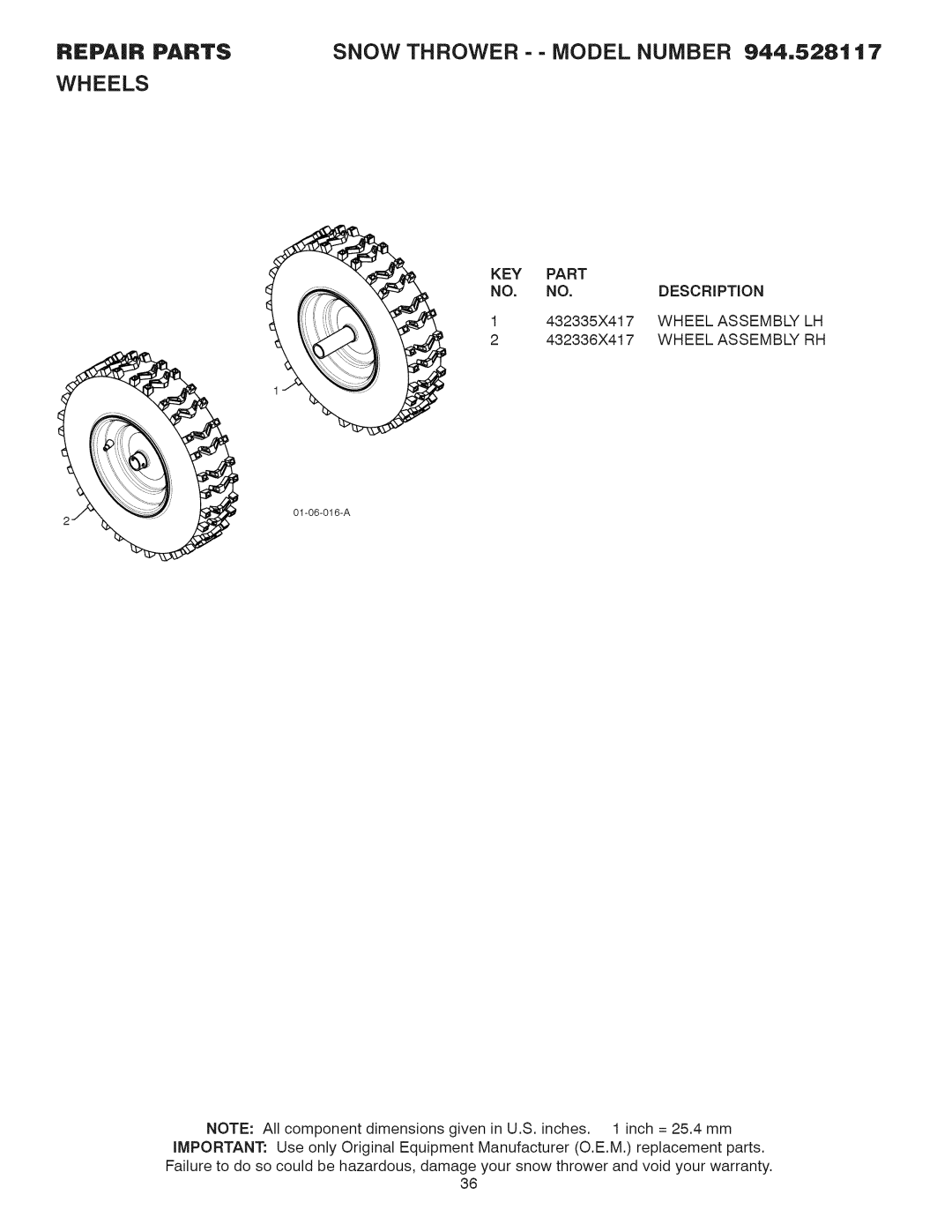 Sears 944.528117 owner manual KEY Part, Wheel Assembly 