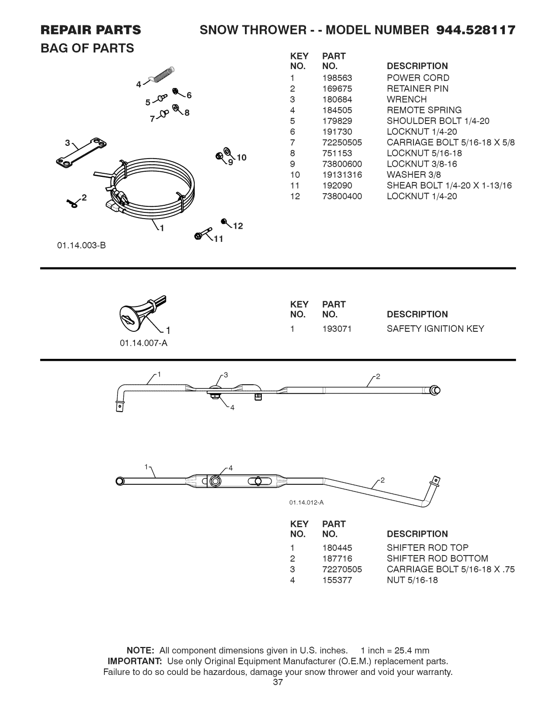 Sears 944.528117 owner manual Power Cord, Retainer PIN, Wrench, Remote Spring, Locknut, Washer 3/8, Safety Ignition KEY 