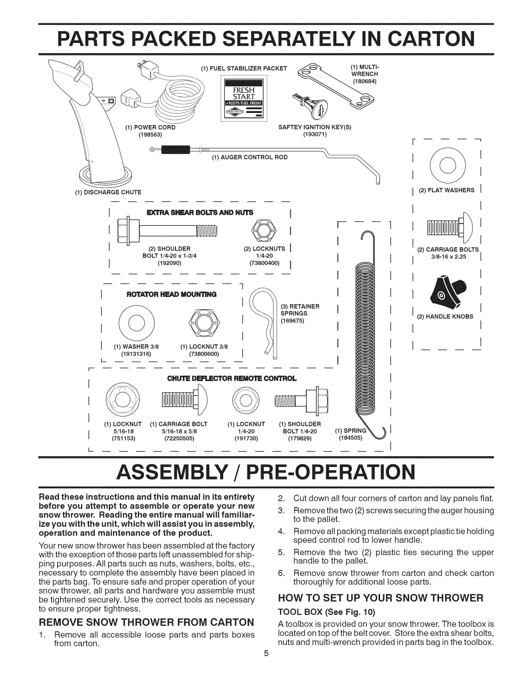 Sears 944.528117 Parts Packe, ELY Carton, Operatio, HOW to SET UP Your Snow Thrower, Remove Snow Thrower from Carton 