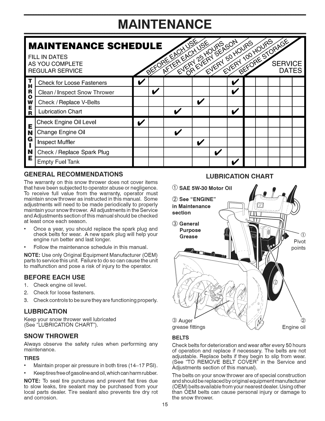 Sears 944.529571 owner manual General Recommendations, Before Each USE, Snow Thrower, Fill in Dates, Tires 