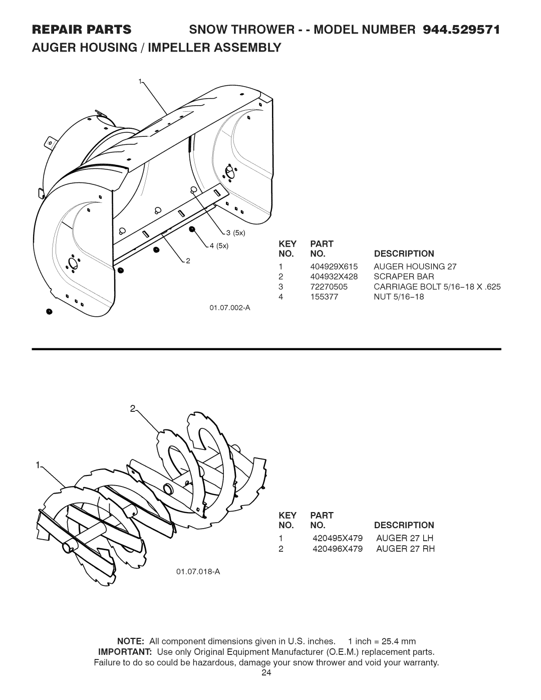 Sears 944.529571 owner manual KEY Part Description 