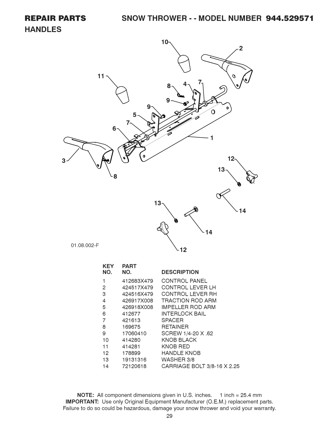 Sears 944.529571 owner manual Repair Partssnow Thrower - Model Number 944,529571, Spacer 