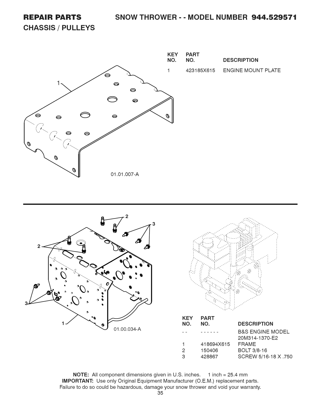 Sears 944.529571 owner manual Chassis / Pulleys, KEY Part Description, Engine Mount Plate, Engine Model, Frame 