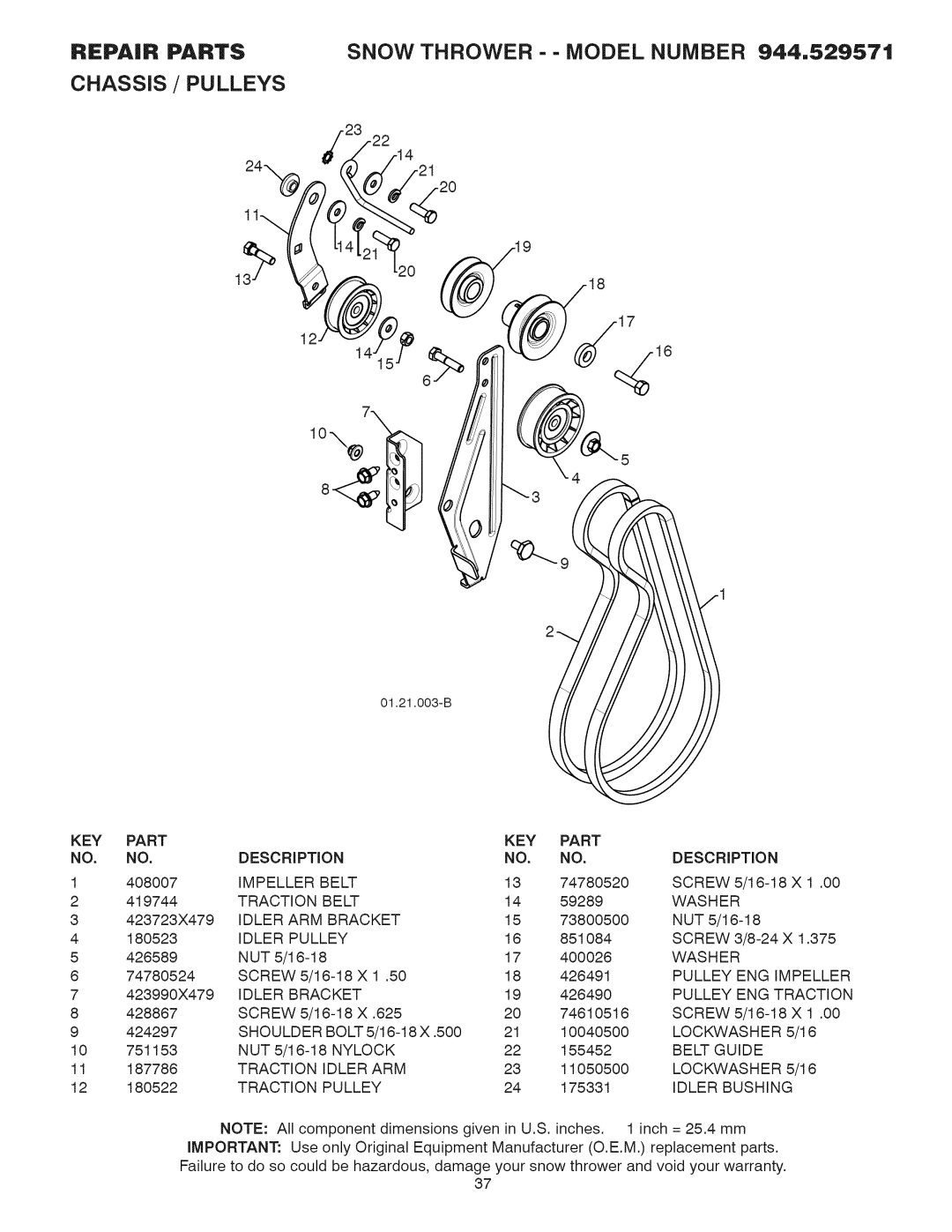 Sears 944.529571 owner manual Idler Pulley, ENG Impeller, Idler ARM 