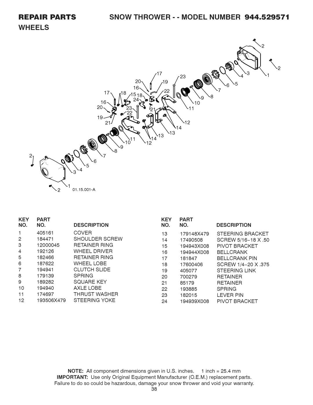 Sears 944.529571 Steering Bracket, Pivot Bracket, Wheel Driver, Bellcrank PIN, Wheel Lobe, Clutch Slide, Steering Link 